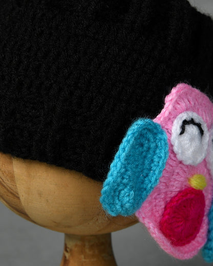 Black Self Design Handmade Woollen Ear Warmer Muffs Headband for Kids