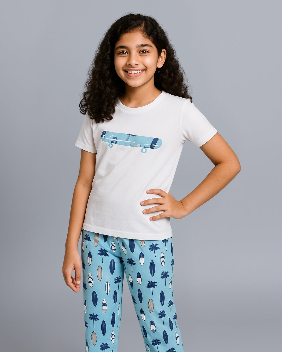 Beach Printed Premium Cotton Half Sleeves White T-Shirt with Blue Pyjama for Girls