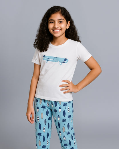 Beach Printed Premium Cotton Half Sleeves White T-Shirt with Blue Pyjama for Girls