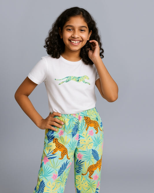 Jungle Printed Premium Cotton Half Sleeves White T-Shirt with Multicolor Pyjama for Girls