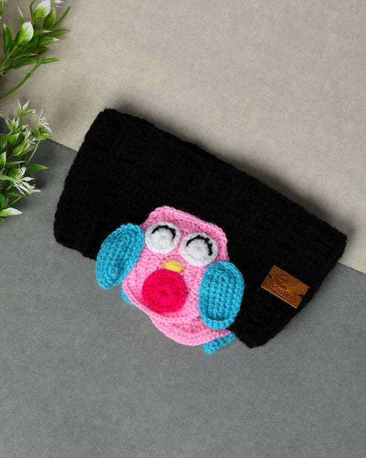 Black Self Design Handmade Woollen Ear Warmer Muffs Headband for Kids