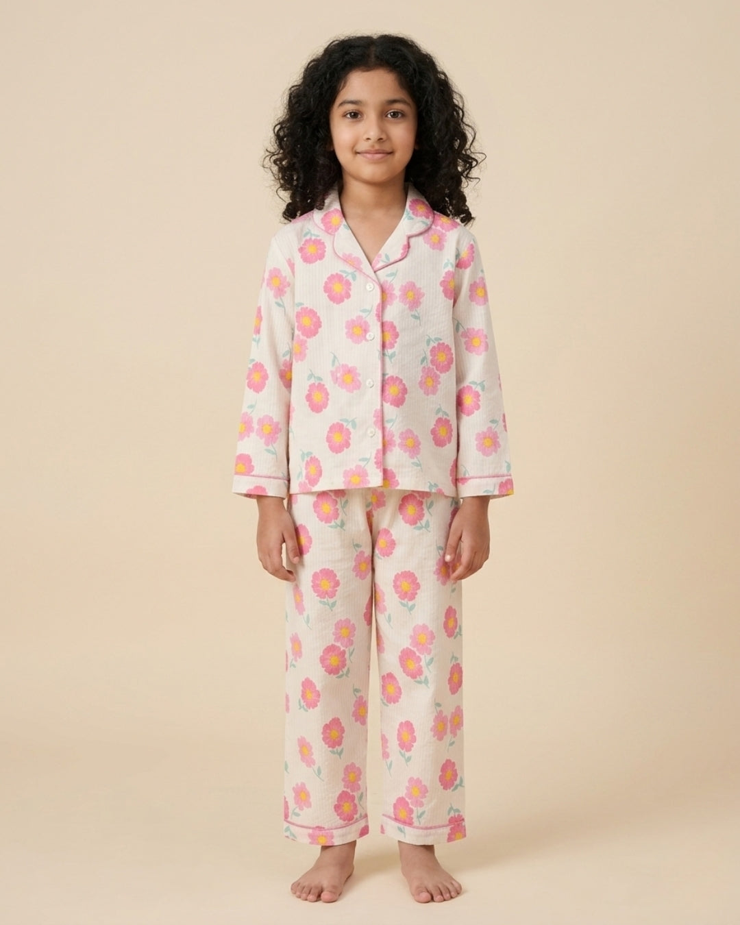 Off White & Pink Premium Cotton Full Sleeves Floral Printed Collar Style Nightsuit for Girls