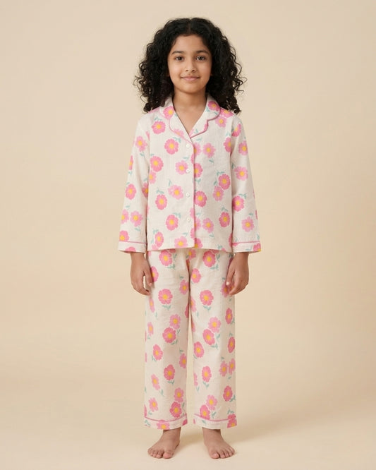 Off White & Pink Premium Cotton Full Sleeves Floral Printed Collar Style Nightsuit for Girls