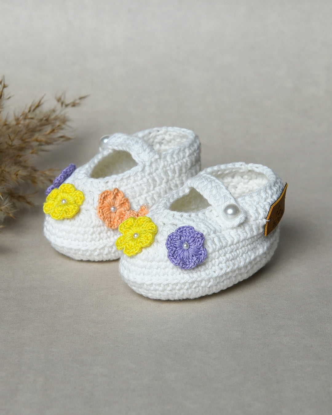 Multicolor Handmade Organic Thread Crochet Booties with Floral Embellishment for Girls