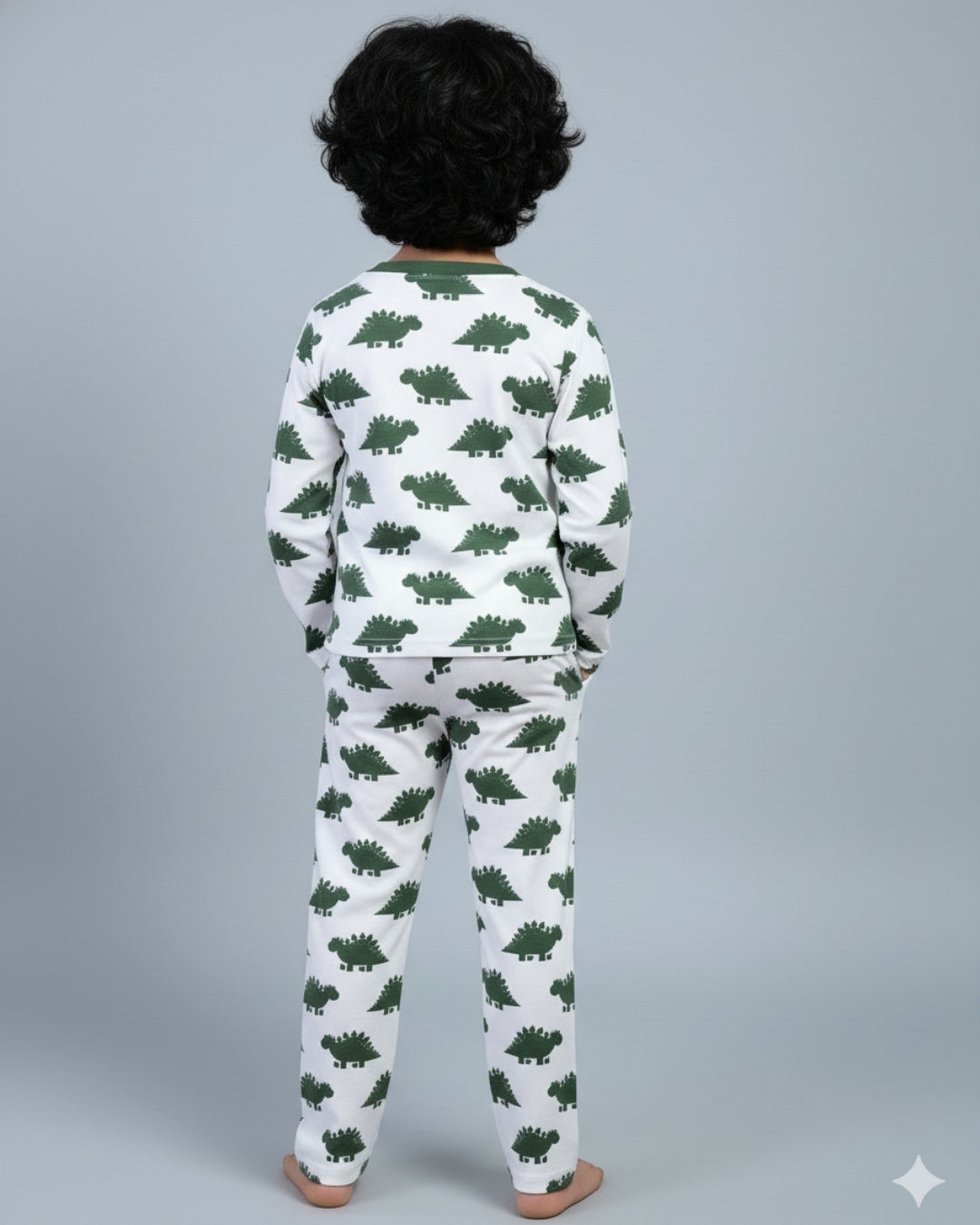 Dinosaur Printed Premium Cotton Full Sleeves White & Green T-Shirt & Pyjama Set for Kids