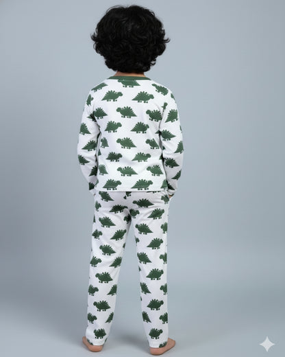 Dinosaur Printed Premium Cotton Full Sleeves White & Green T-Shirt & Pyjama Set for Kids
