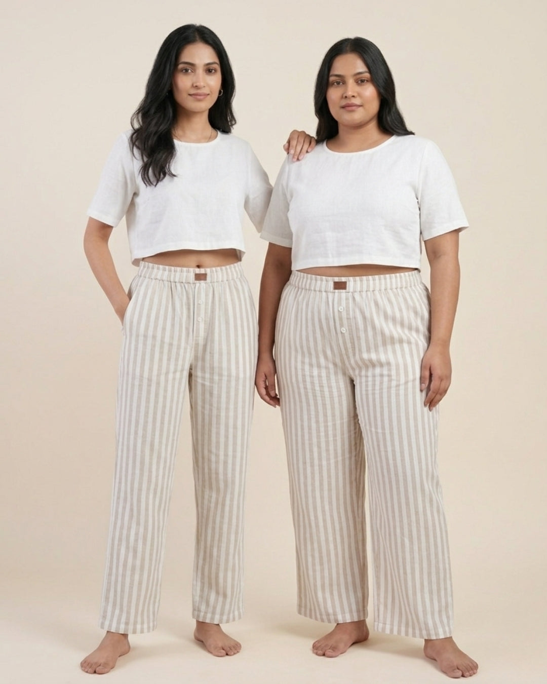 Beige Super Comfy Cotton Poplin Relax Fit Lounge Pant for Women