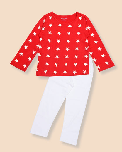 Red & White Stars Print Cotton Kids Night Suit