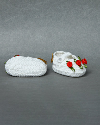 White Handmade Organic Thread Crochet Booties with Red Floral Embellishment for Girls