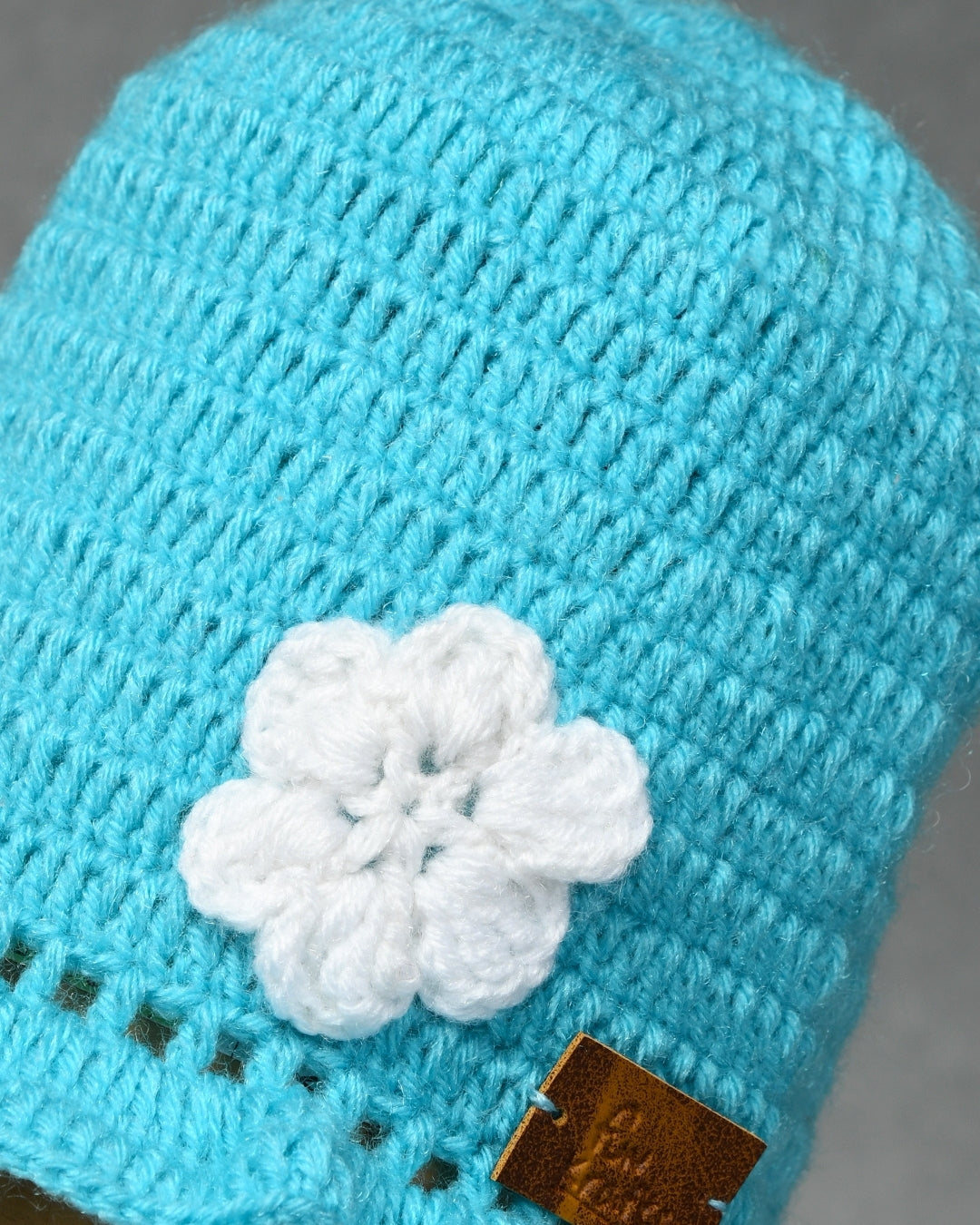 Blue Self Design Beanie Handmade Knitted Woollen Cap for Girls