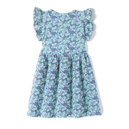 Blue Premium Cotton Single Jersey With Bio Finish Half Flutter Sleeves Floral Printed Frock for Girls