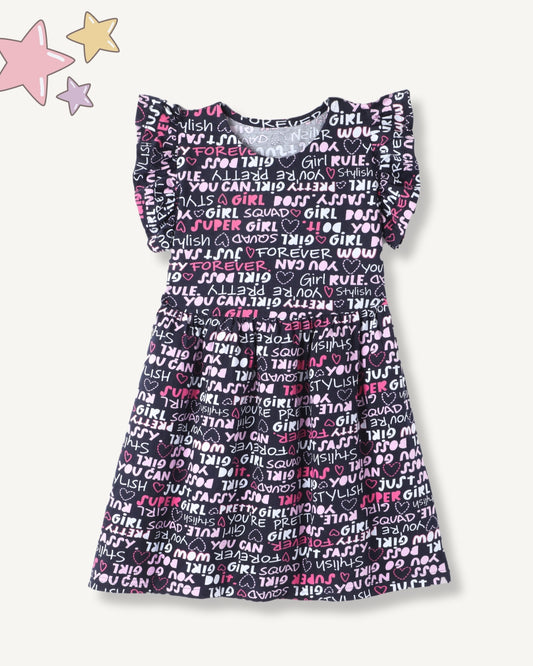Black & Pink Premium Cotton Single Jersey With Bio Finish Half Flutter Sleeves Typographic Printed Frock for Girls