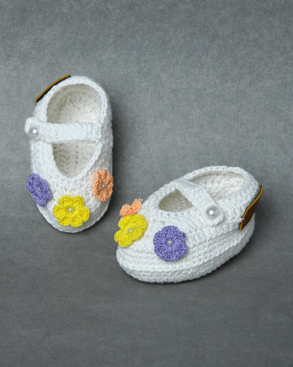 Multicolor Handmade Organic Thread Crochet Booties with Floral Embellishment for Girls