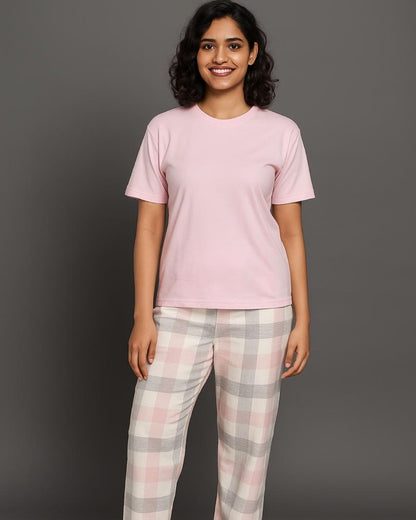 Light Pink Premium Cotton Check Printed T-Shirt & Pyjama Set for Women