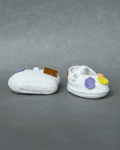 Multicolor Handmade Organic Thread Crochet Booties with Floral Embellishment for Girls