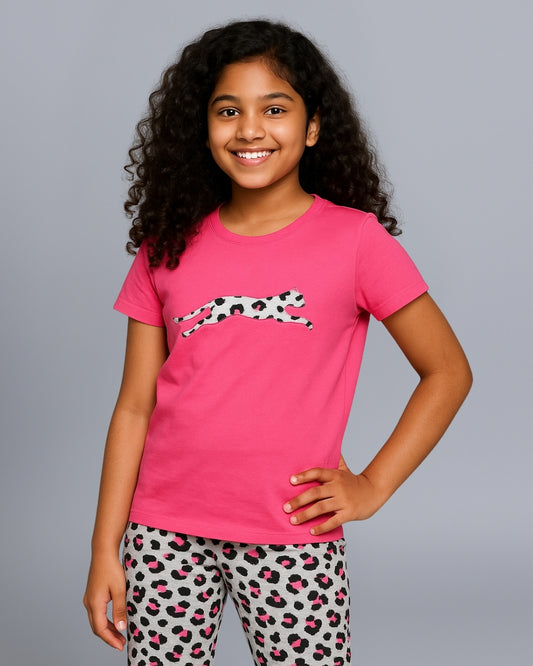 Cheetah Printed Premium Cotton Half Sleeves Pink T-Shirt with Grey Pyjama for Girls
