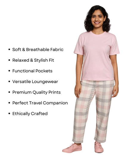 Light Pink Premium Cotton Check Printed T-Shirt & Pyjama Set for Women