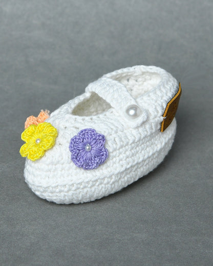Multicolor Handmade Organic Thread Crochet Booties with Floral Embellishment for Girls
