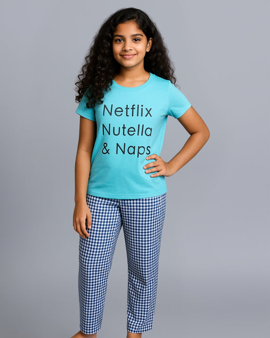 Blue Checks Printed Nightwear for Girls