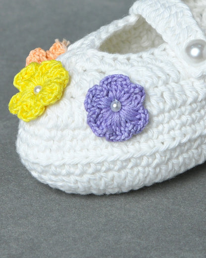 Multicolor Handmade Organic Thread Crochet Booties with Floral Embellishment for Girls