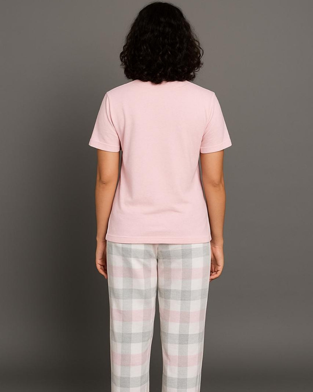 Light Pink Premium Cotton Check Printed T-Shirt & Pyjama Set for Women