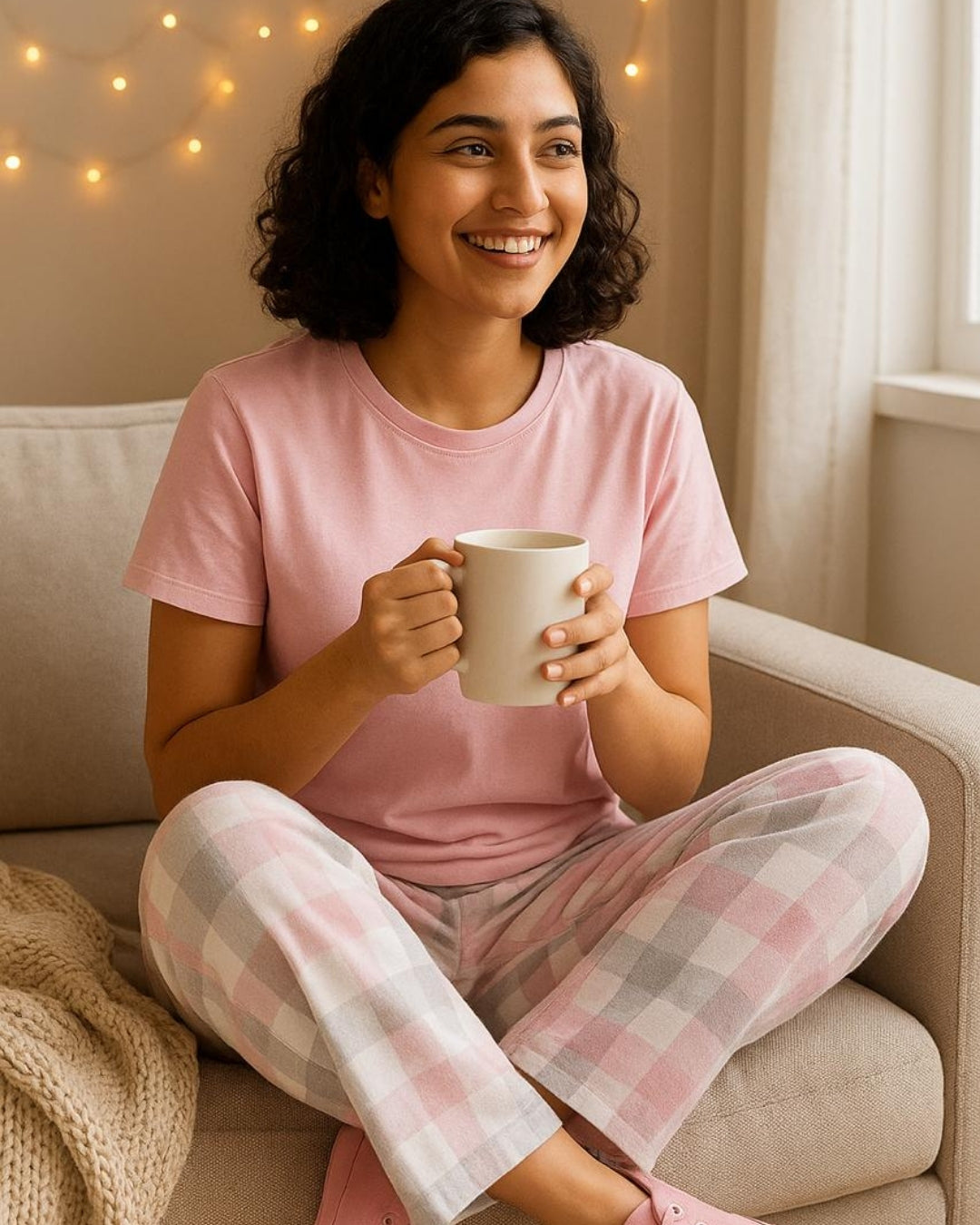 Light Pink Premium Cotton Check Printed T-Shirt & Pyjama Set for Women