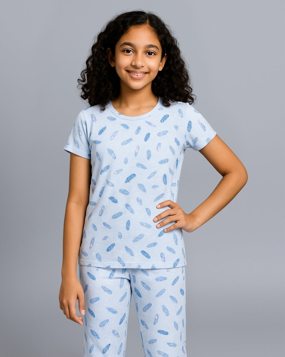 Blue Feather Printed Cotton Night Suit for Girls