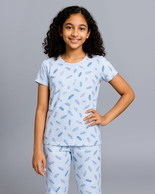 Blue Feather Printed Cotton Night Suit for Girls