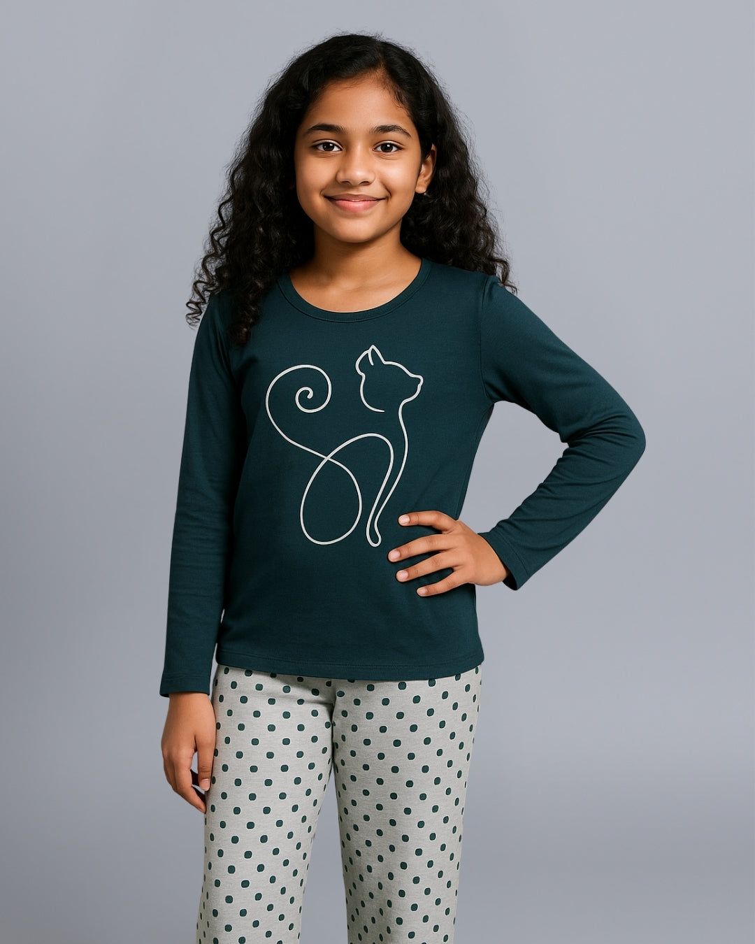 Green & Grey Cat Printed Cotton Girls Nightwear
