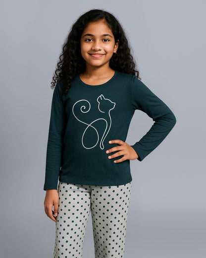 Green & Grey Cat Printed Cotton Girls Nightwear