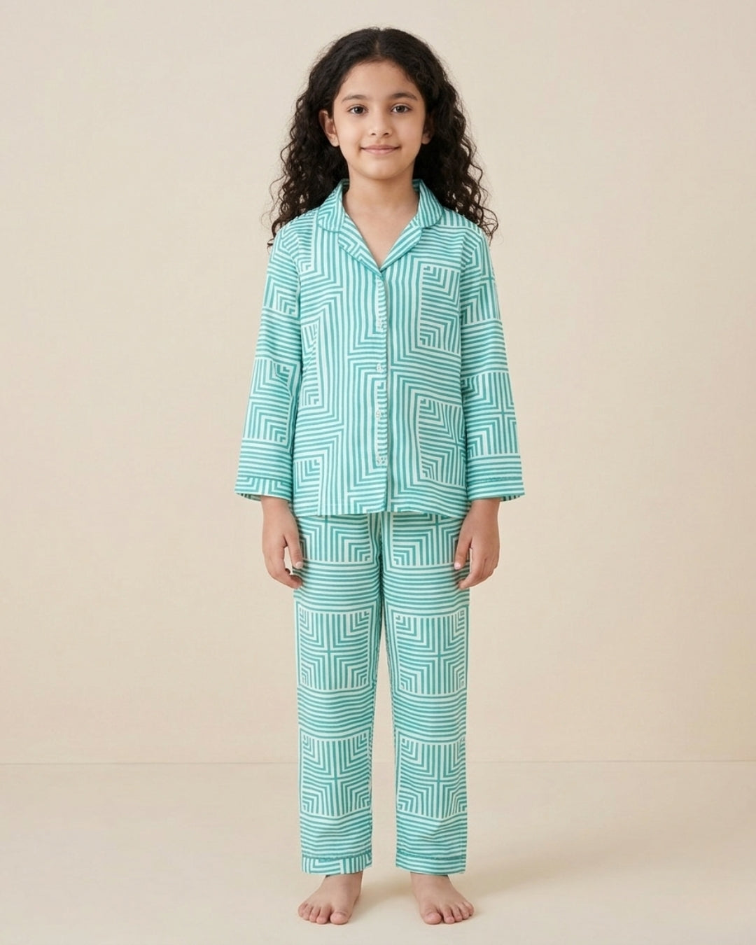 Green Premium Cotton Full Sleeves Printed Collar Style Pyjama & T-Shirt Set for Kids