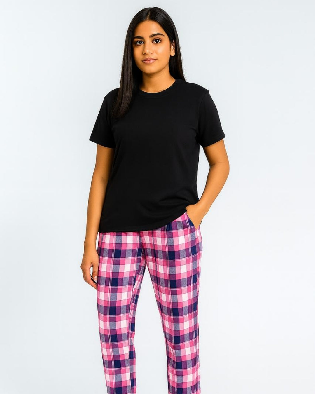 Pink & Black Premium Cotton Check Printed T-Shirt & Pyjama Set for Women