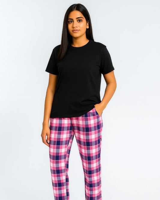 Pink & Black Premium Cotton Check Printed T-Shirt & Pyjama Set for Women
