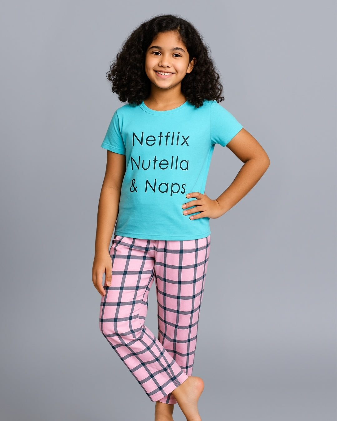 Blue Checks Printed Cotton Night Suit for Girls