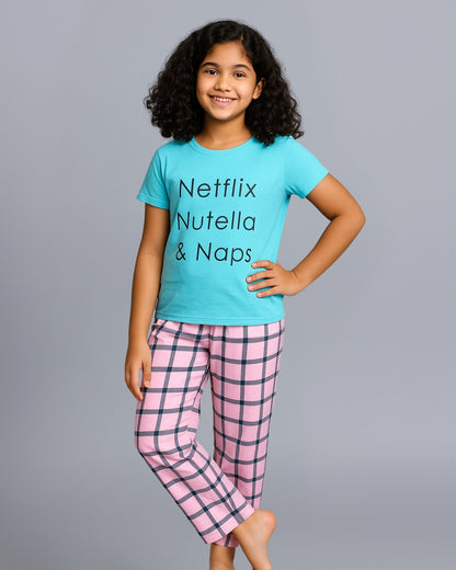 Blue Checks Printed Cotton Night Suit for Girls