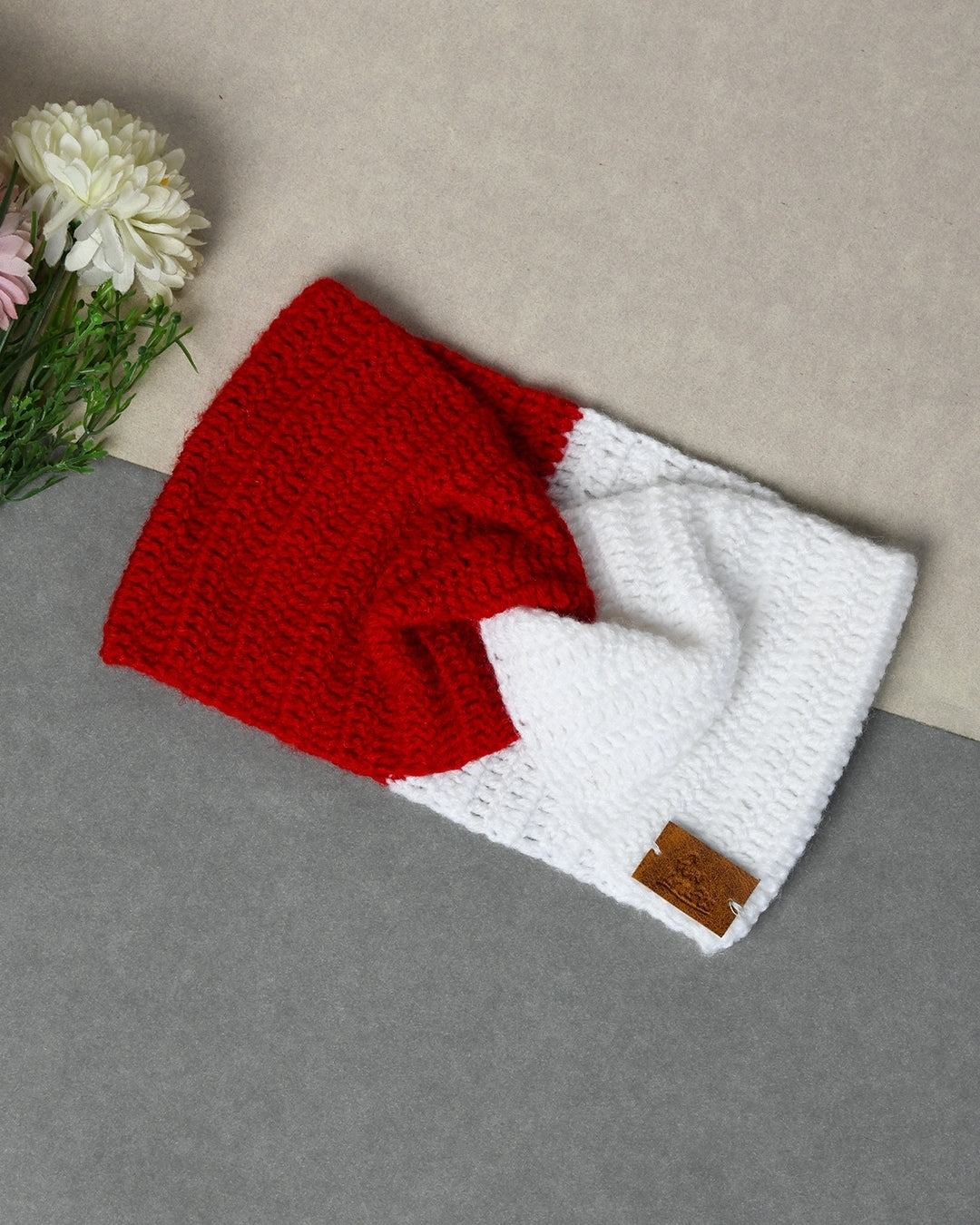Red & White Self Design Handmade Woollen Ear Warmer Muffs Headband for Kids