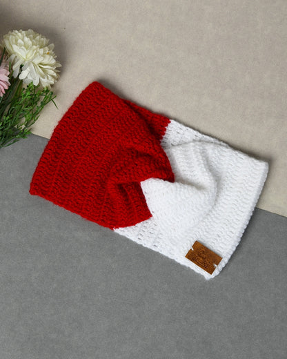 Red & White Self Design Handmade Woollen Ear Warmer Muffs Headband for Kids