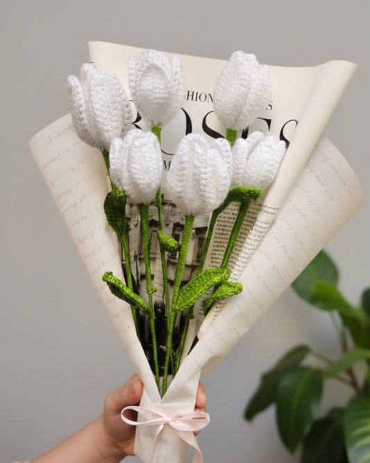 Handmade Crochet White Tulip Bouquet
