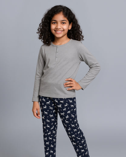 Grey Unicorn Printed Cotton Girls Night Suit