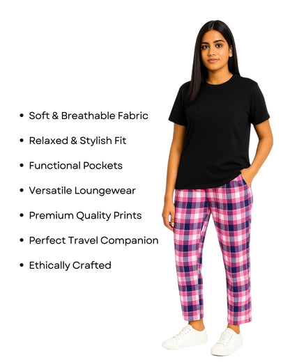 Pink & Black Premium Cotton Check Printed T-Shirt & Pyjama Set for Women