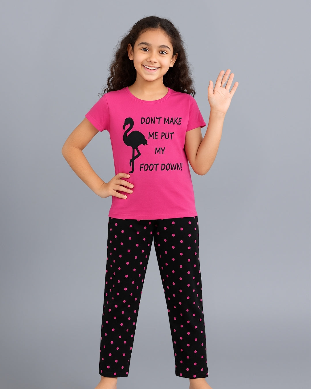 Pink & Black Flamingo Printed Cotton Night Suit for Girls