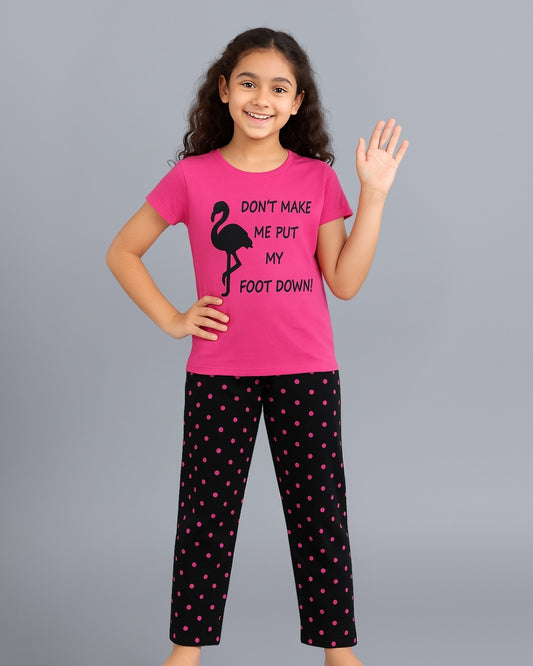Pink & Black Flamingo Printed Cotton Night Suit for Girls