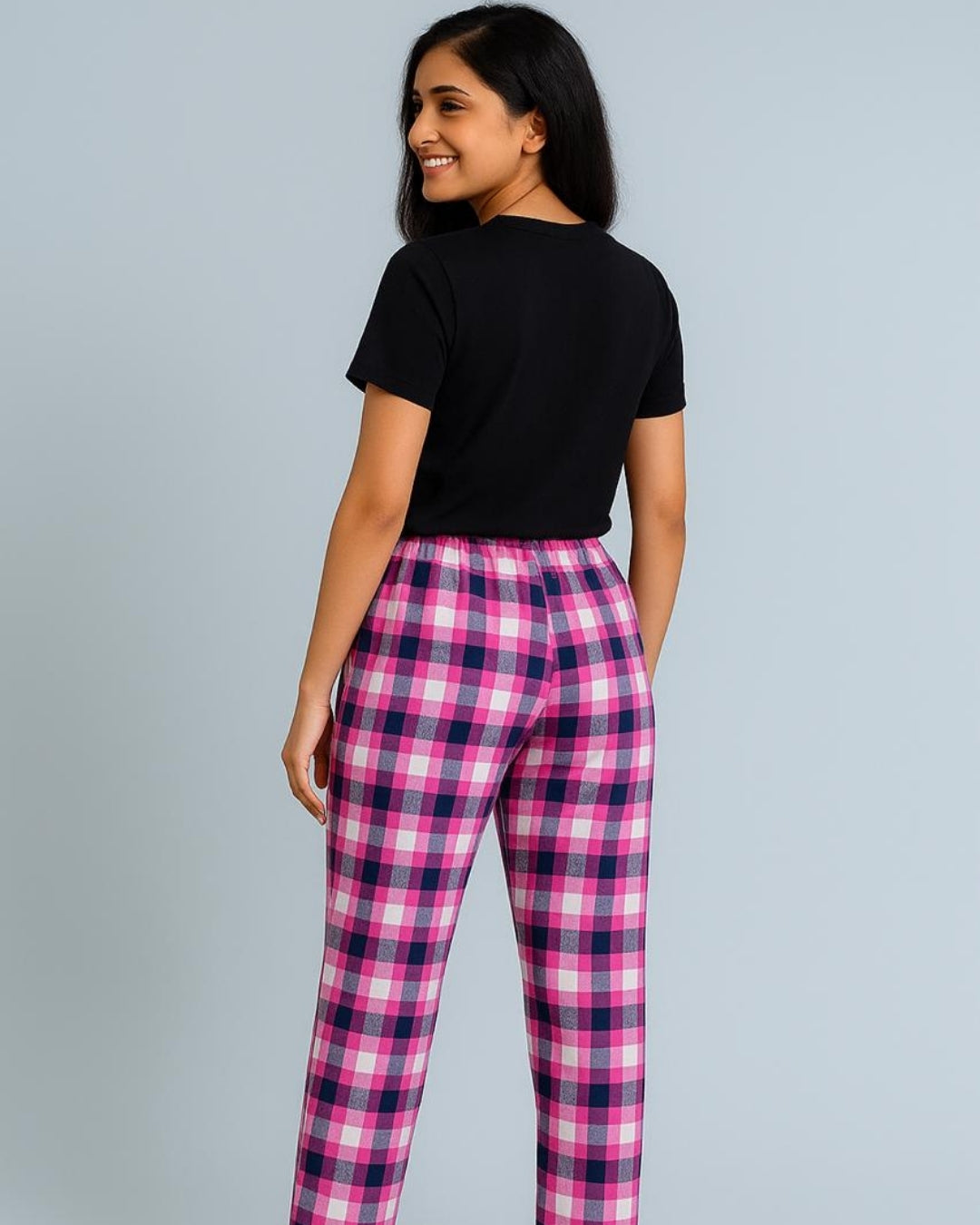 Pink & Black Premium Cotton Check Printed T-Shirt & Pyjama Set for Women