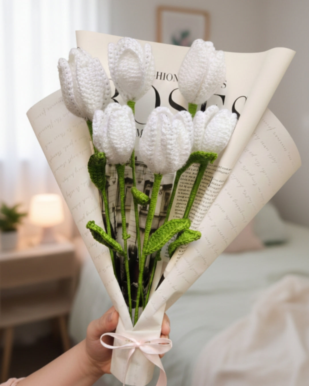 Handmade Crochet White Tulip Bouquet