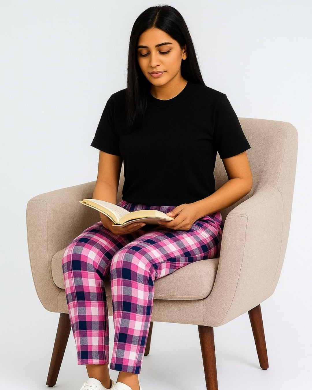 Pink & Black Premium Cotton Check Printed T-Shirt & Pyjama Set for Women