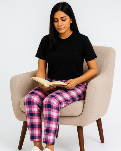 Pink & Black Premium Cotton Check Printed T-Shirt & Pyjama Set for Women