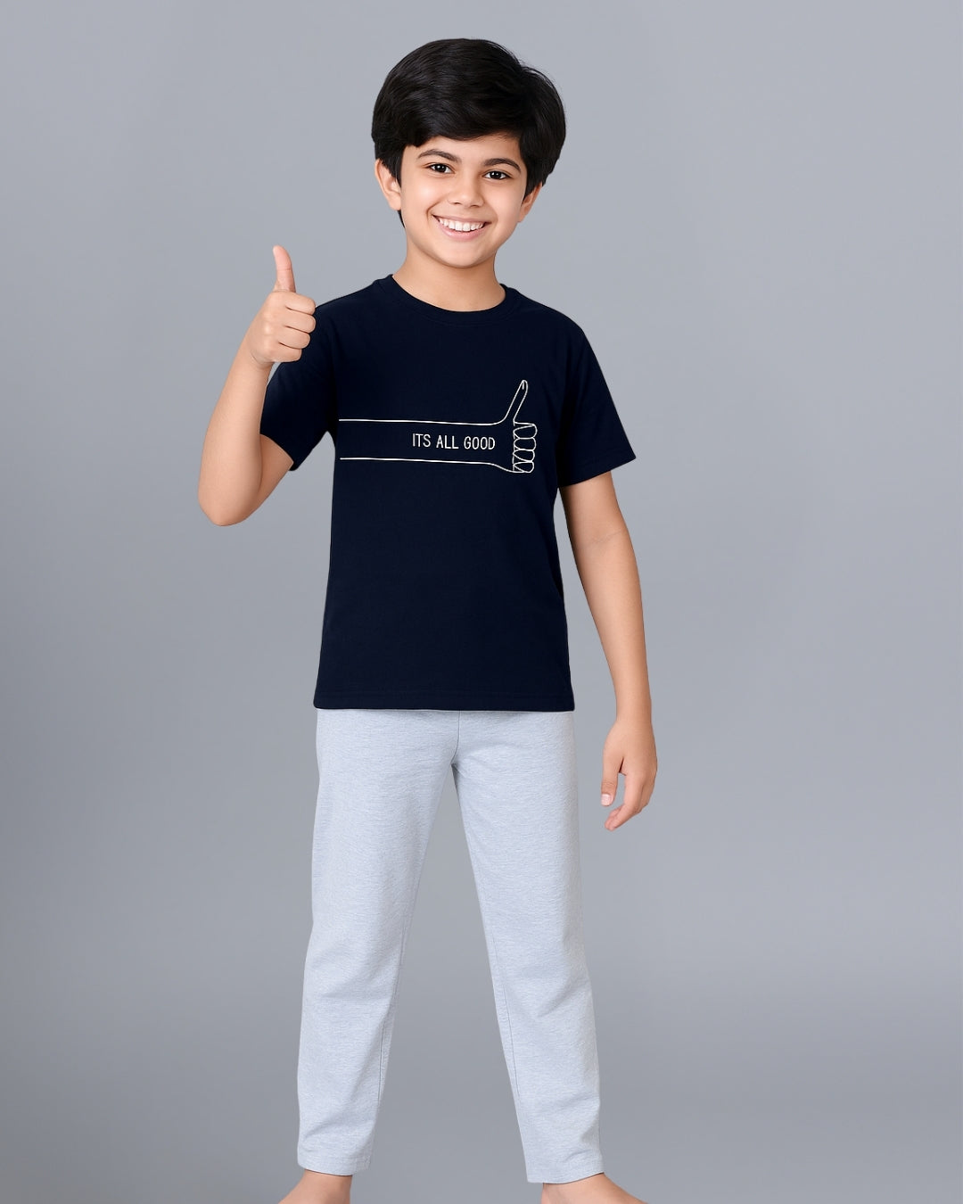 Blue & Grey Typographic Printed Cotton Night Suit For Boys