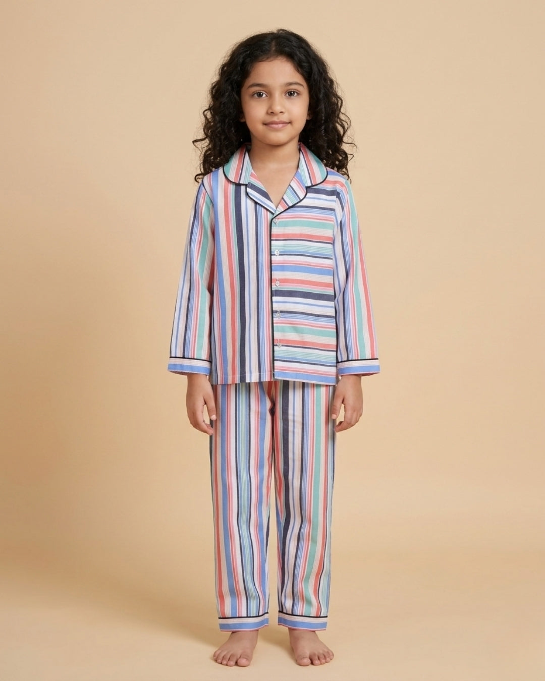 Multi-Color Stripe Vibe Collar Style Nightsuit for Kids