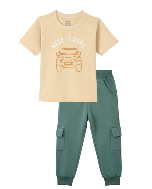 Car Printed Premium Cotton Half Sleeves Yellow T-Shirt with Green Jogger for Boys