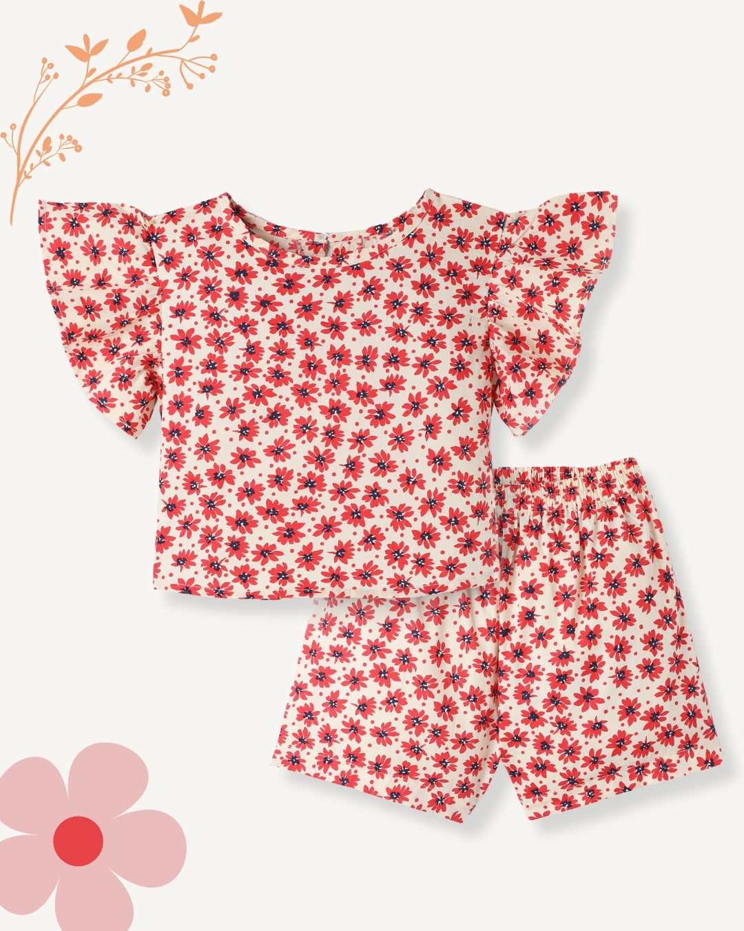 Red Premium Cotton Polka Dots Printed with Bio Finish Flutter Sleeves Top & Shorts Co-ord Set for Girls
